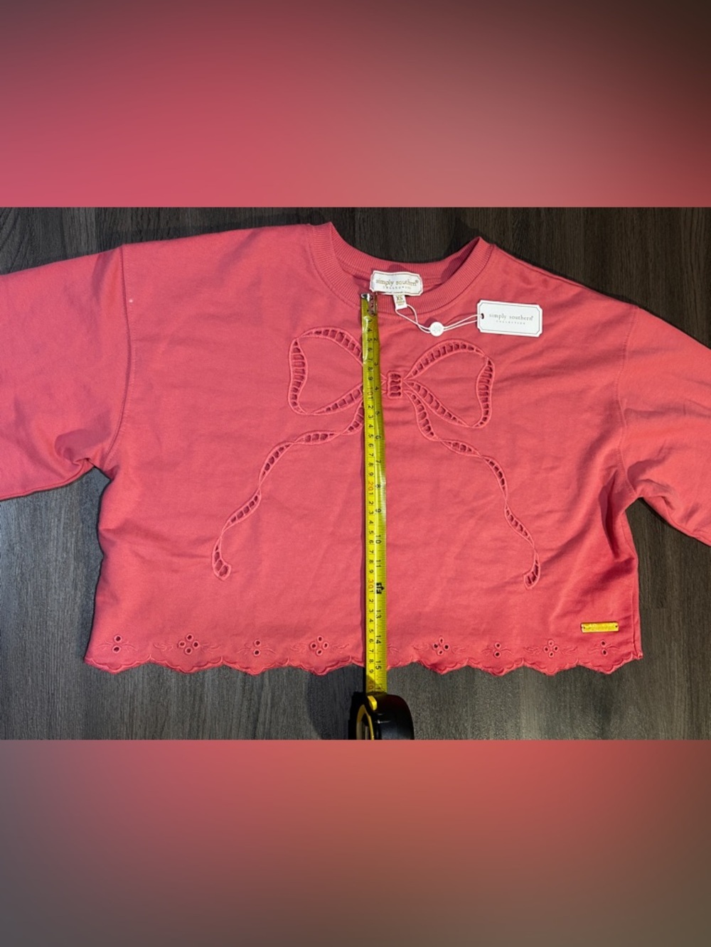 Pink Bow Embroidered Cropped Sweatshirt XS NWT Eyelet Scallop Hem - Picture 7 of 11
